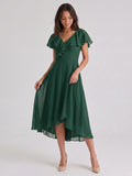 Forest Green Chiffon A-Line V-Neck V-Back Asymmetrical Bridesmaid Dress with Ruffles