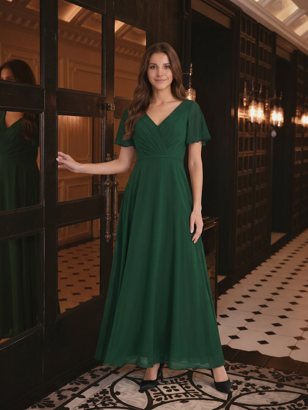 Forest Green Chiffon A-Line V-Neck V-Back Floor-Length Bridesmaid Dress