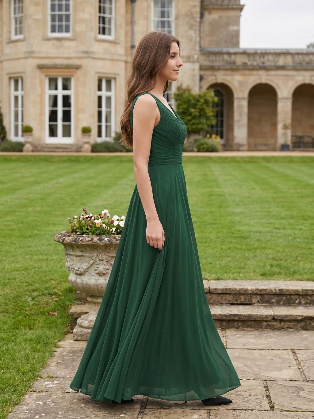 Forest Green Chiffon A-Line V-Neck V-Back Floor-Length Pleated Bridesmaid Dress