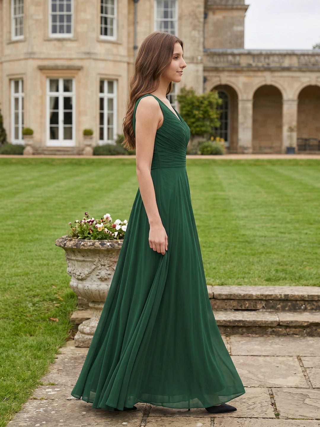 Forest Green Chiffon A-Line V-Neck V-Back Floor-Length Pleated Bridesmaid Dress