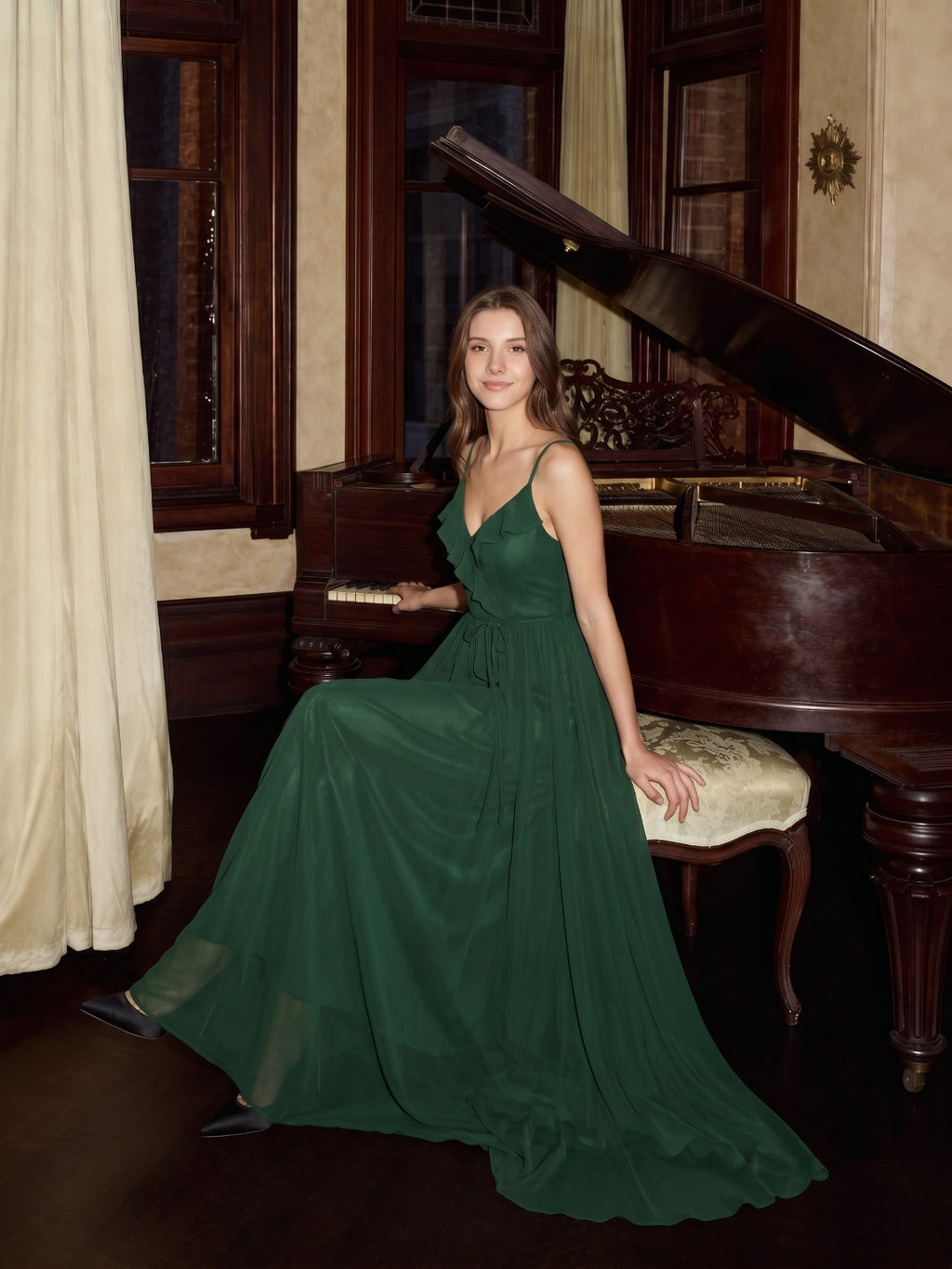 Forest Green Chiffon A-Line V-Neck V-Back Floor-Length Ruffle Bridesmaid Dress