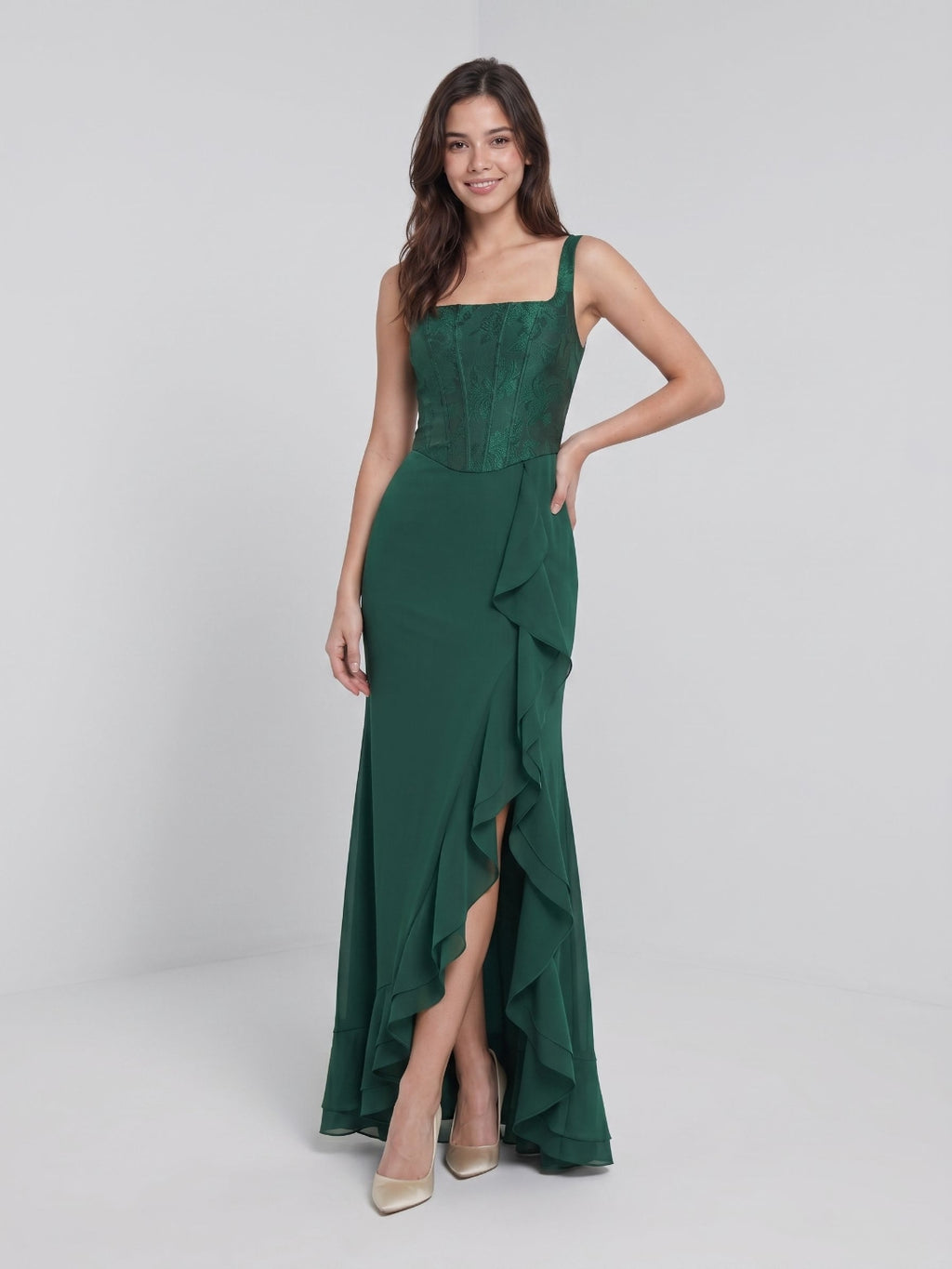 Forest Green Jacquard Sheath Square Criss-Cross Asymmetrical Dress with Ruffles