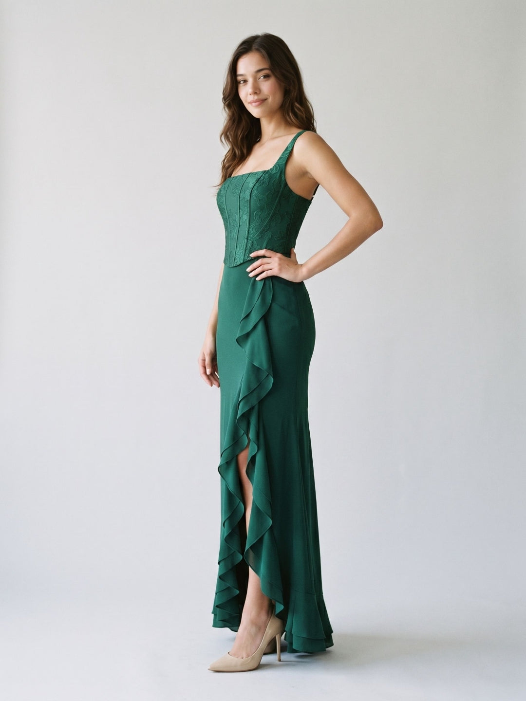Forest Green Jacquard Sheath Square Criss-Cross Asymmetrical Dress with Ruffles