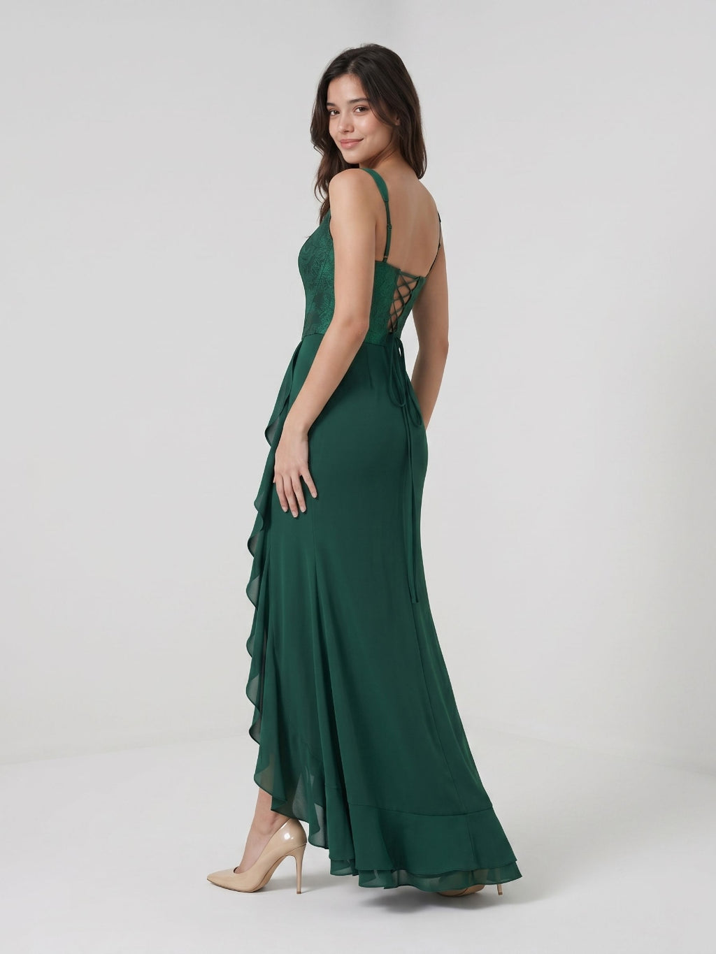 Forest Green Jacquard Sheath Square Criss-Cross Asymmetrical Dress with Ruffles