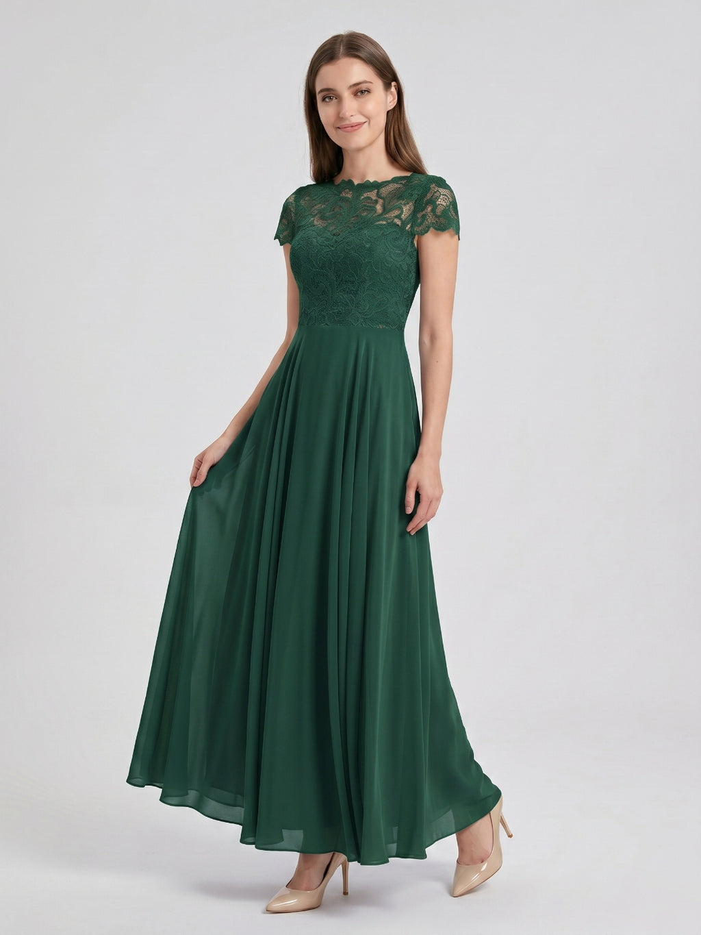 Forest Green Lace A-Line Scoop Neck Back Zip Floor-Length Bridesmaid Dress with Pockets