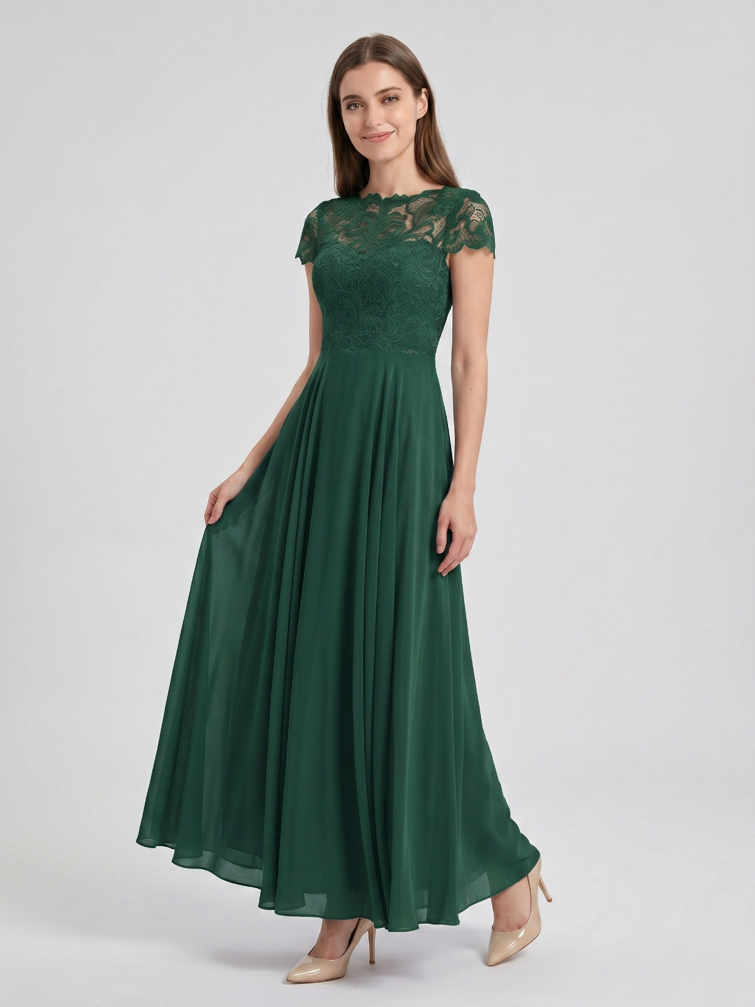 Forest Green Lace A-Line Scoop Neck Back Zip Floor-Length Bridesmaid Dress with Pockets