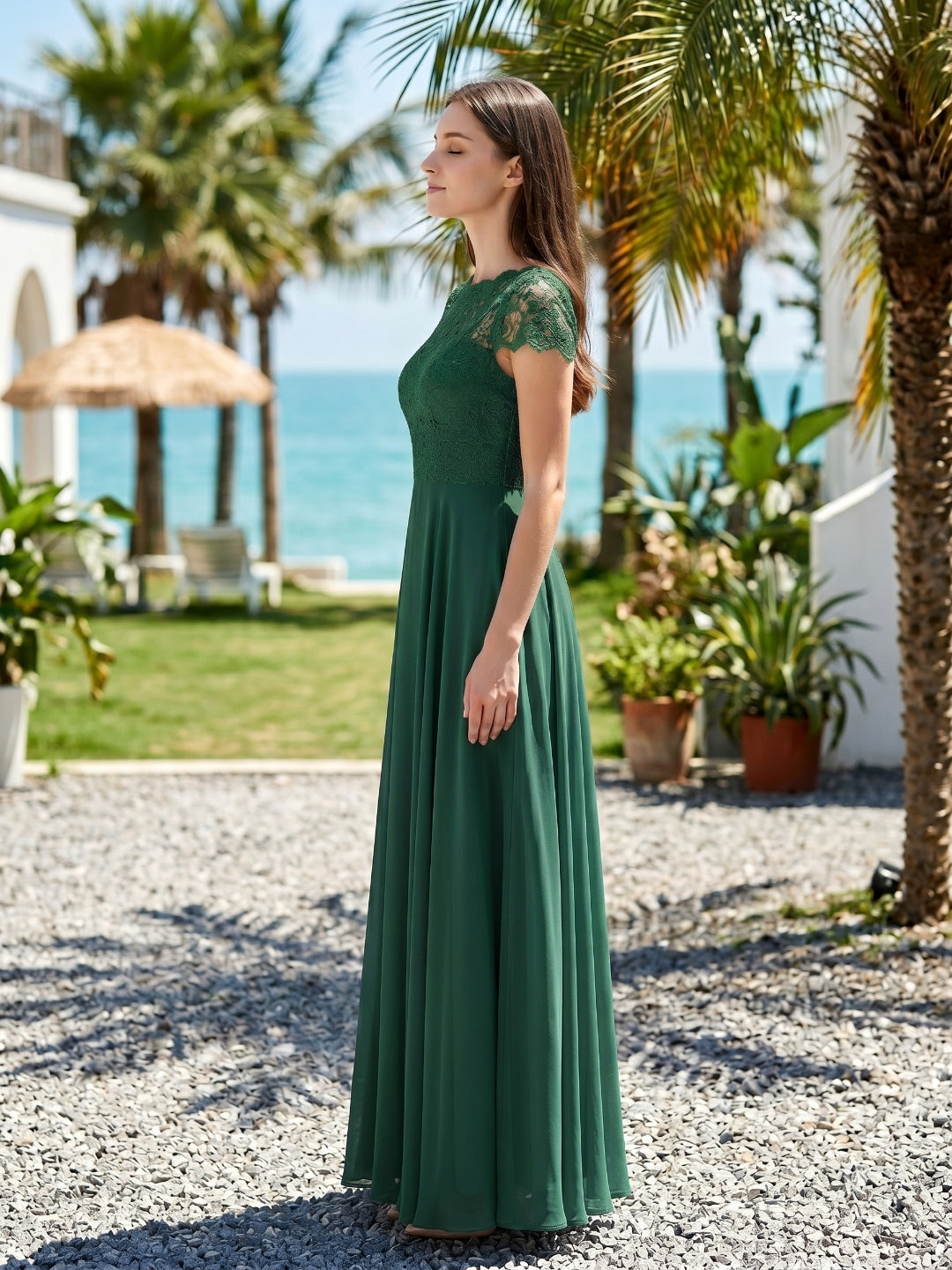 Forest Green Lace A-Line Scoop Neck Back Zip Floor-Length Bridesmaid Dress with Pockets