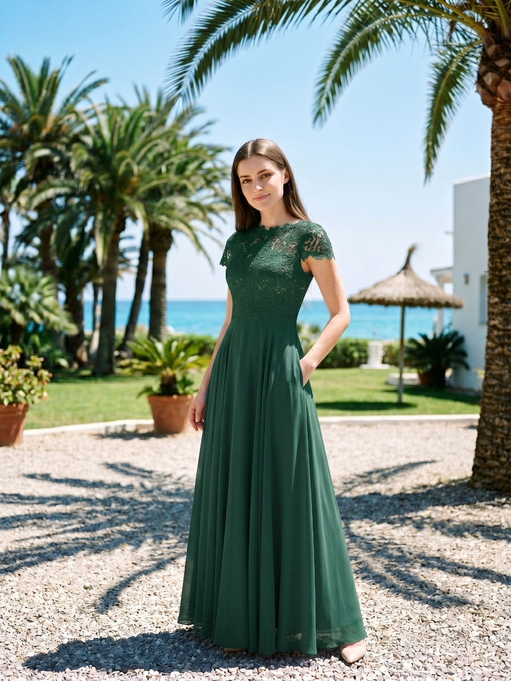 Forest Green Lace A-Line Scoop Neck Back Zip Floor-Length Bridesmaid Dress with Pockets