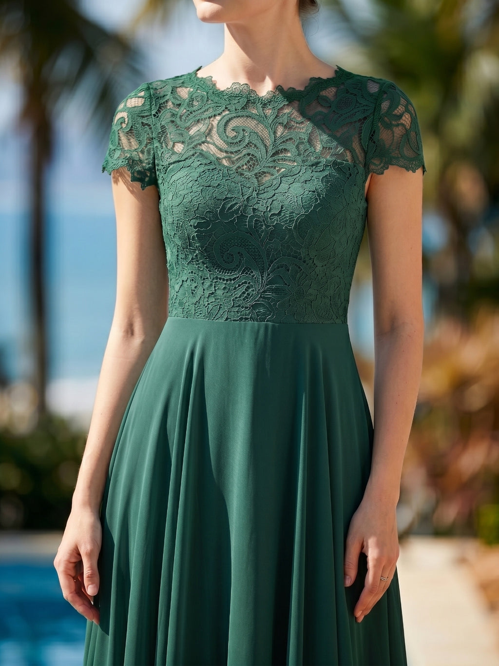 Forest Green Lace A-Line Scoop Neck Back Zip Floor-Length Bridesmaid Dress with Pockets