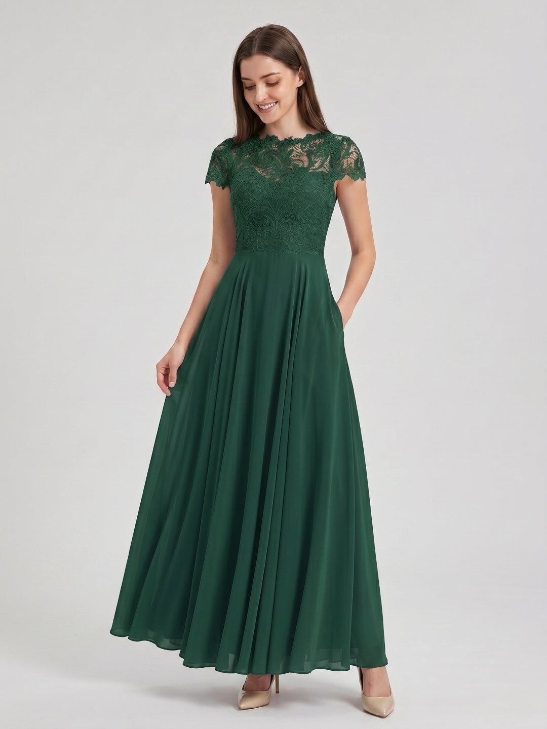 Forest Green Lace A-Line Scoop Neck Back Zip Floor-Length Bridesmaid Dress with Pockets