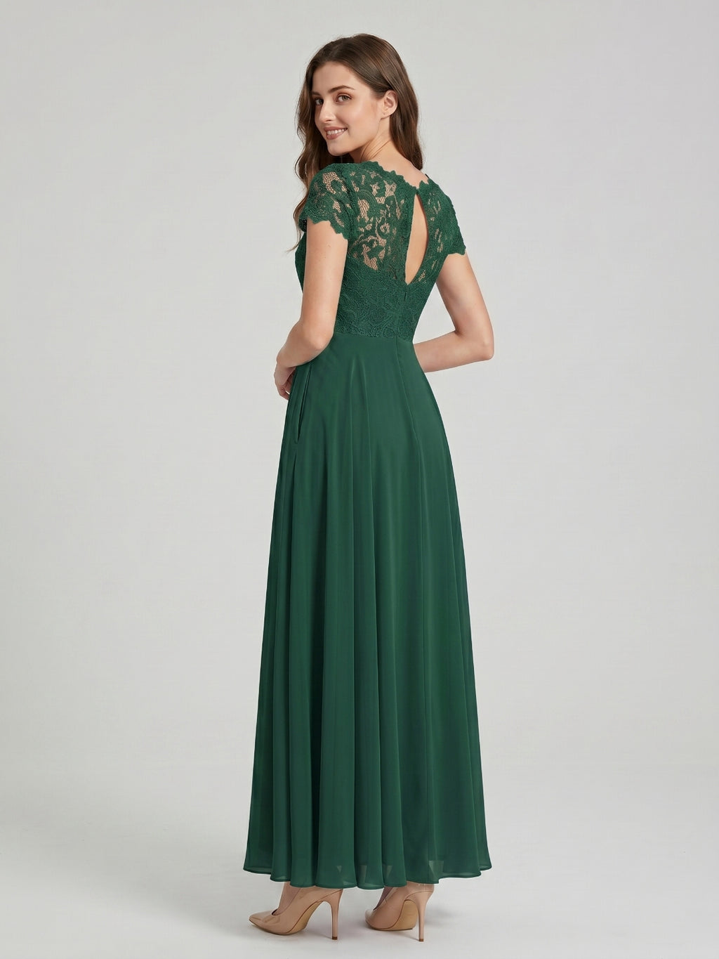 Forest Green Lace A-Line Scoop Neck Back Zip Floor-Length Bridesmaid Dress with Pockets