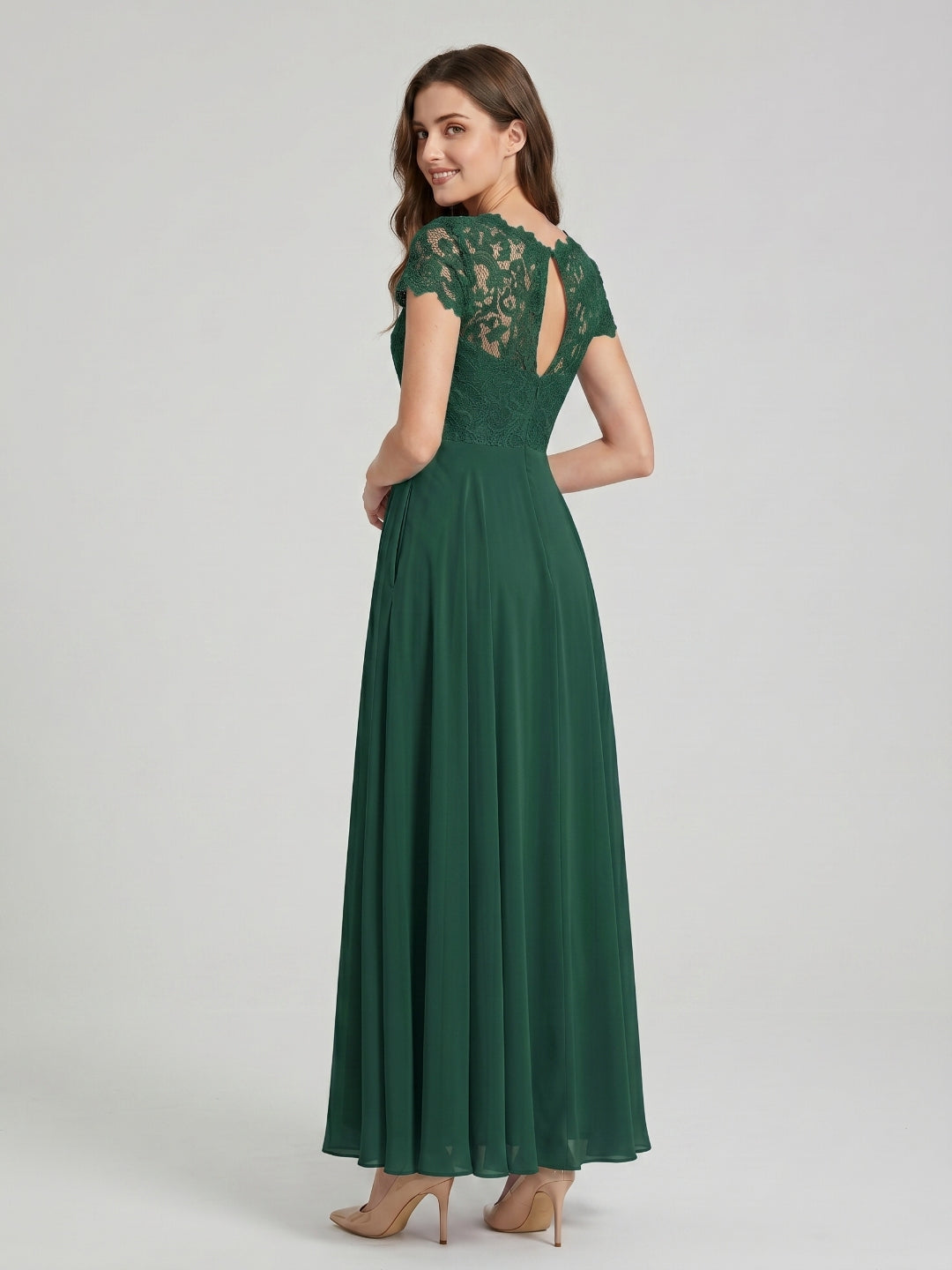 Forest Green Lace A-Line Scoop Neck Back Zip Floor-Length Bridesmaid Dress with Pockets