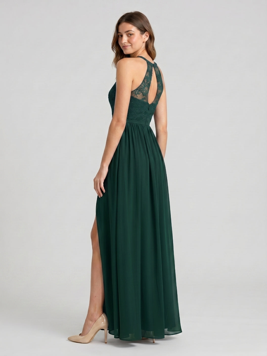 Forest Green Lace A-Line Scoop Neck Keyhole Back Floor-Length Bridesmaid Dress with Pleating
