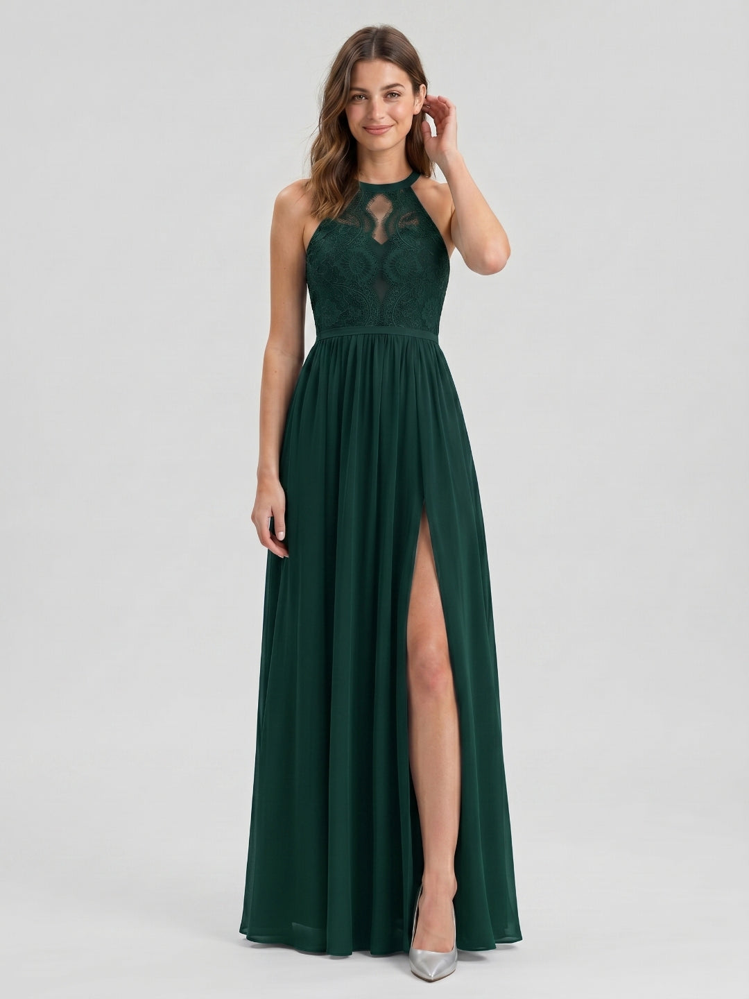 Forest Green Lace A-Line Scoop Neck Keyhole Back Floor-Length Bridesmaid Dress with Pleating