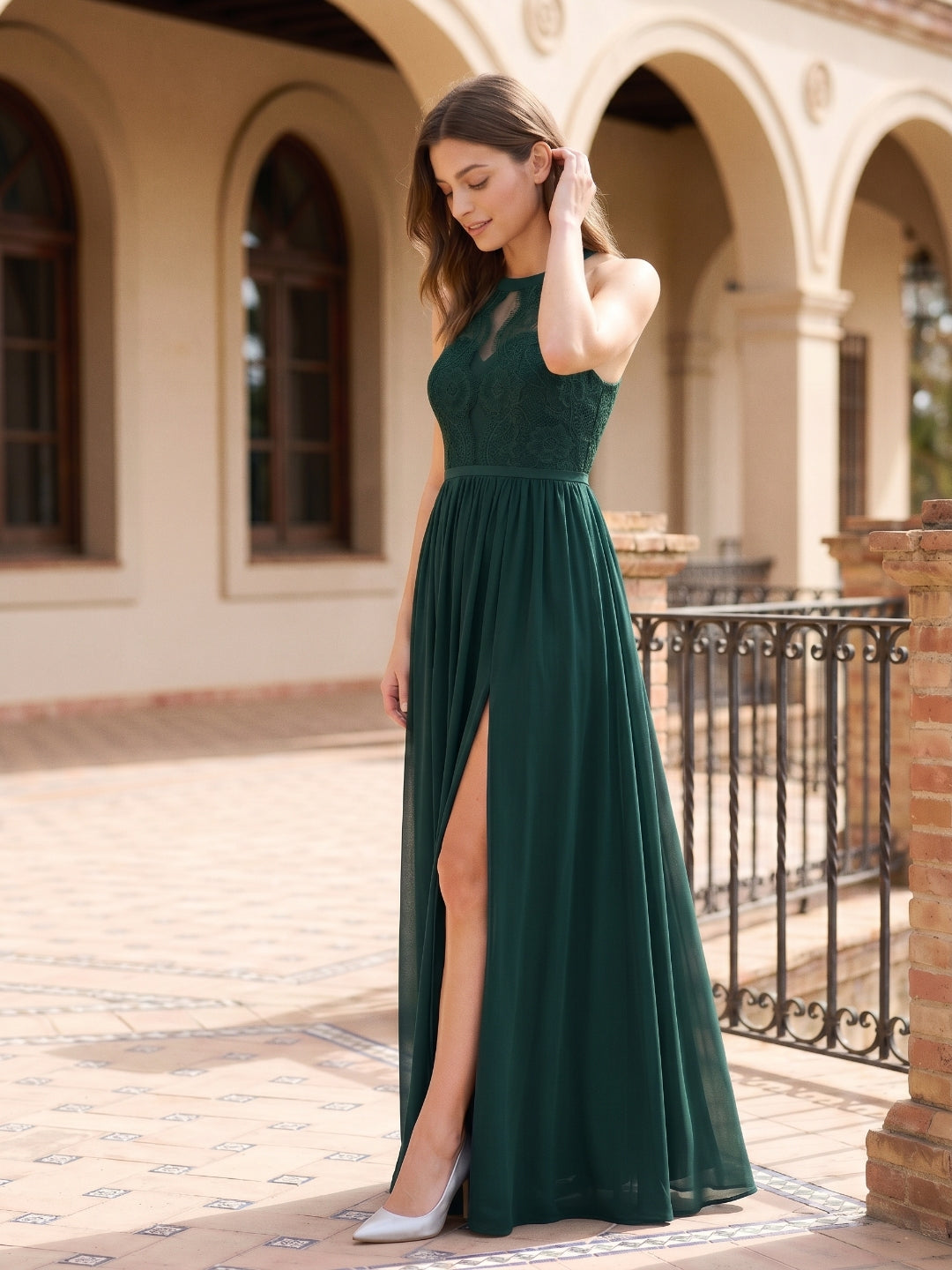Forest Green Lace A-Line Scoop Neck Keyhole Back Floor-Length Bridesmaid Dress with Pleating