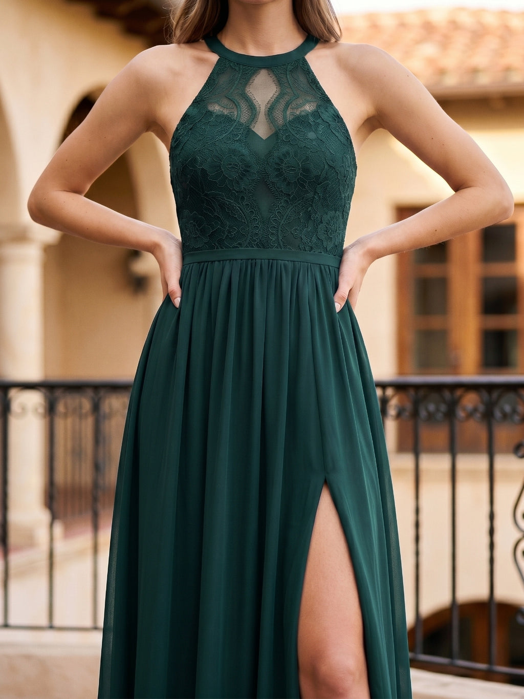 Forest Green Lace A-Line Scoop Neck Keyhole Back Floor-Length Bridesmaid Dress with Pleating