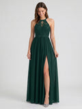 Forest Green Lace A-Line Scoop Neck Keyhole Back Floor-Length Bridesmaid Dress with Pleating