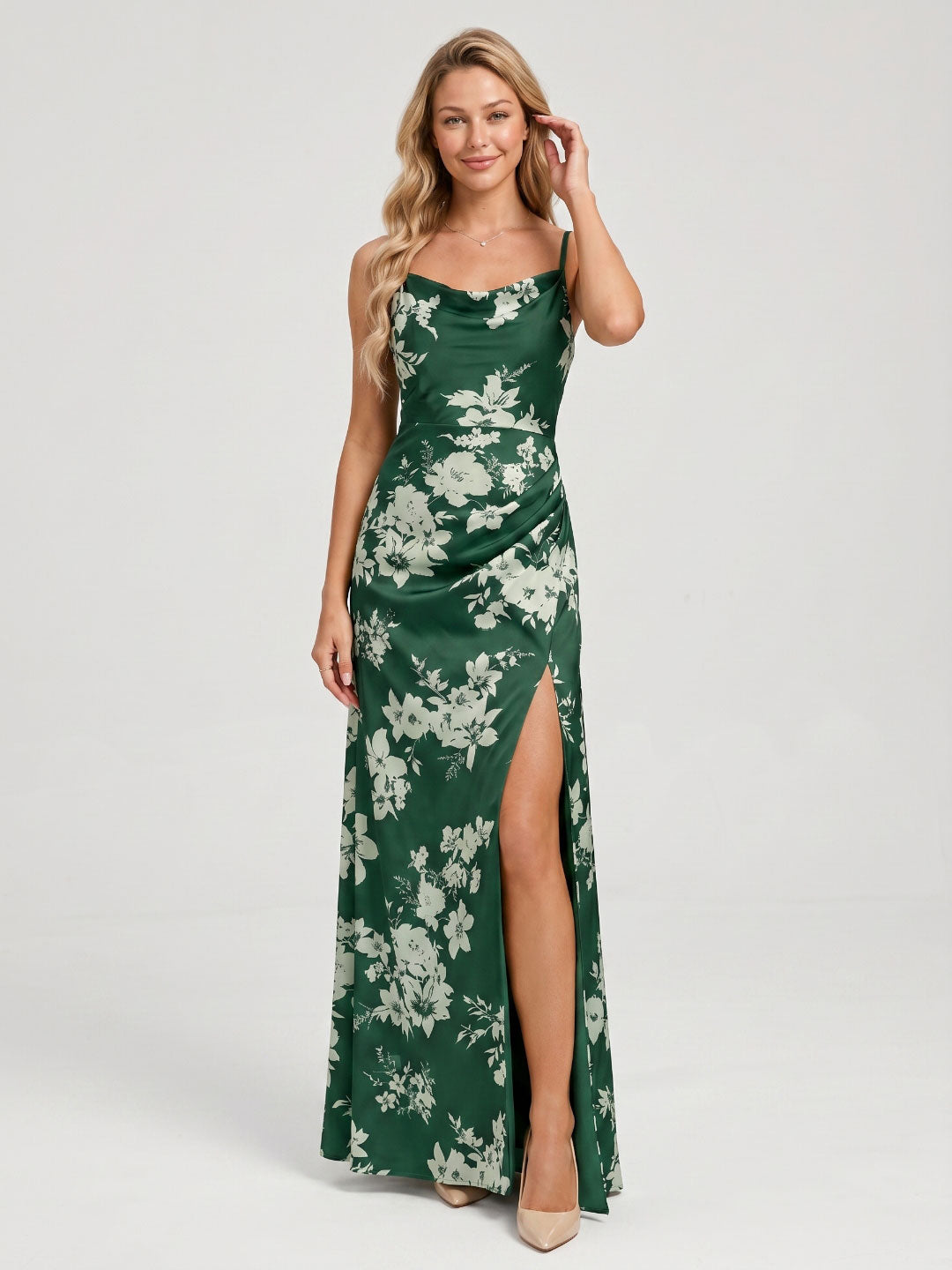 Forest Green Matte Satin A-Line Cowl Neck Back Zip Floor-Length Bridesmaid Dress with Pleating