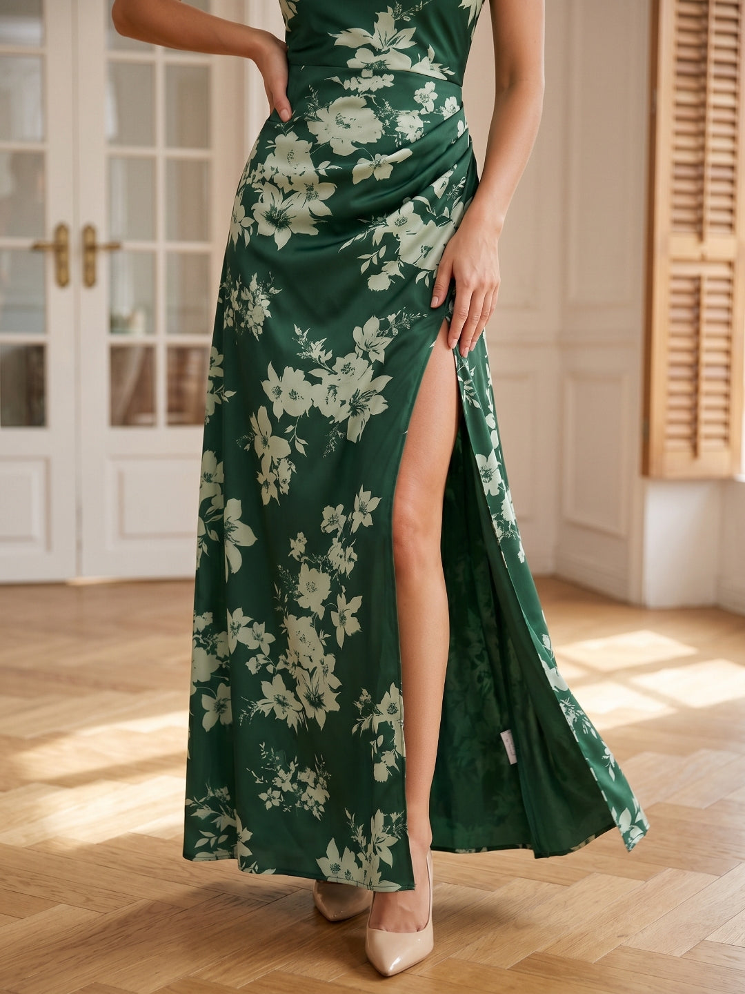 Forest Green Matte Satin A-Line Cowl Neck Back Zip Floor-Length Bridesmaid Dress with Pleating