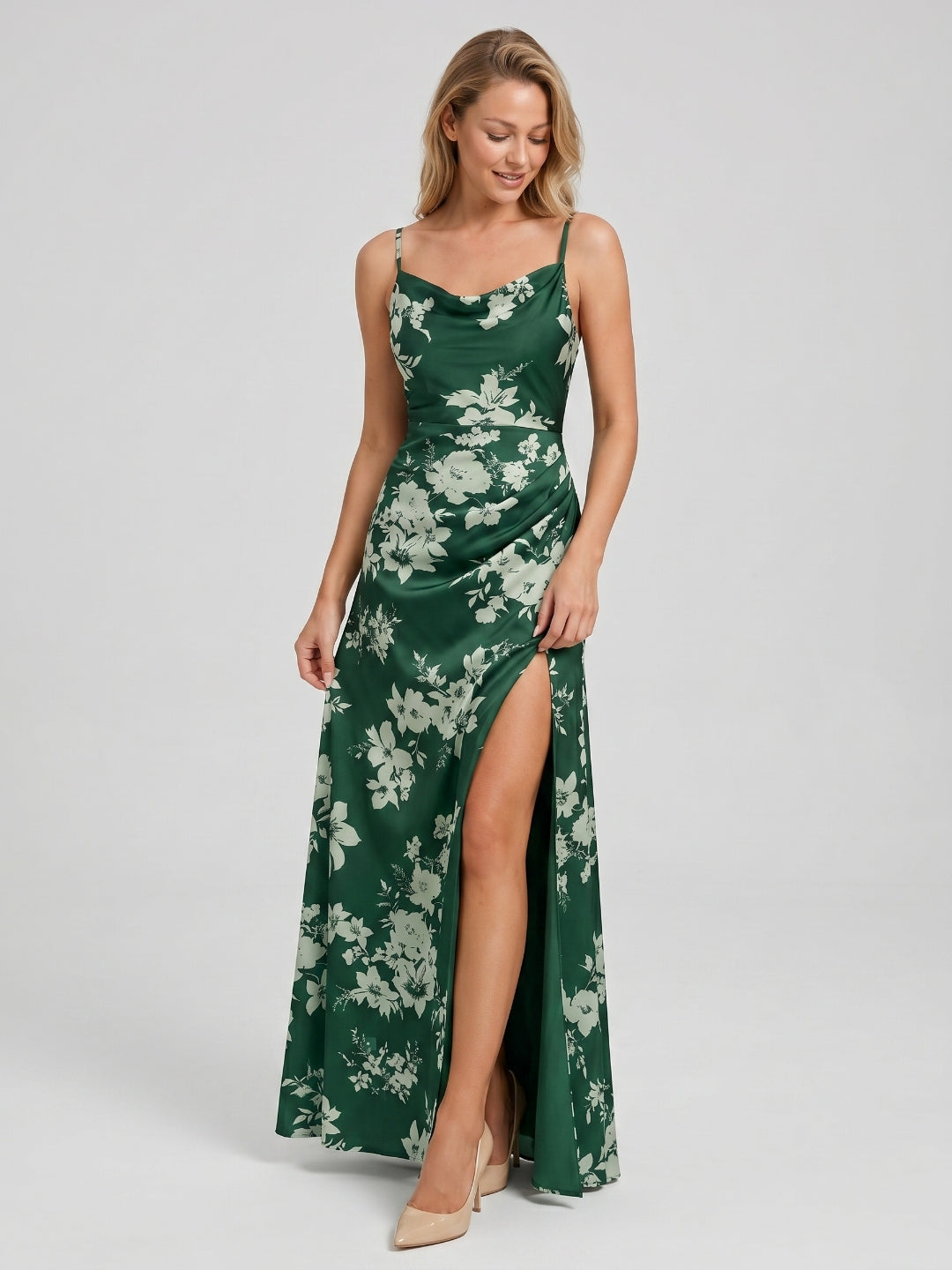 Forest Green Matte Satin A-Line Cowl Neck Back Zip Floor-Length Bridesmaid Dress with Pleating