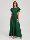 Forest Green Matte Satin A-Line Scoop Neck Back Zip Floor-Length Bridesmaid Dress with Ruffles