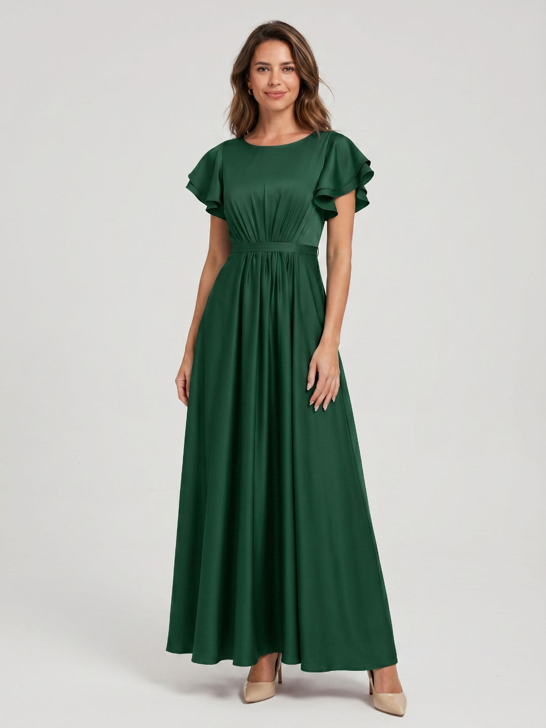 Forest Green Matte Satin A-Line Scoop Neck Back Zip Floor-Length Bridesmaid Dress with Ruffles