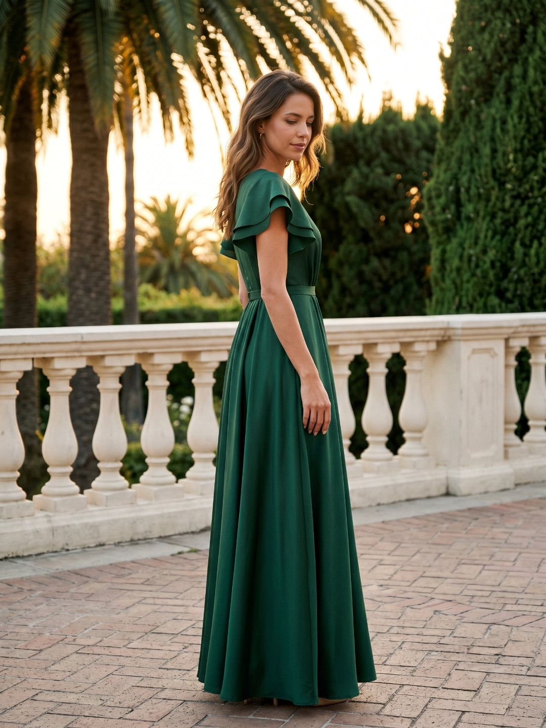 Forest Green Matte Satin A-Line Scoop Neck Back Zip Floor-Length Bridesmaid Dress with Ruffles