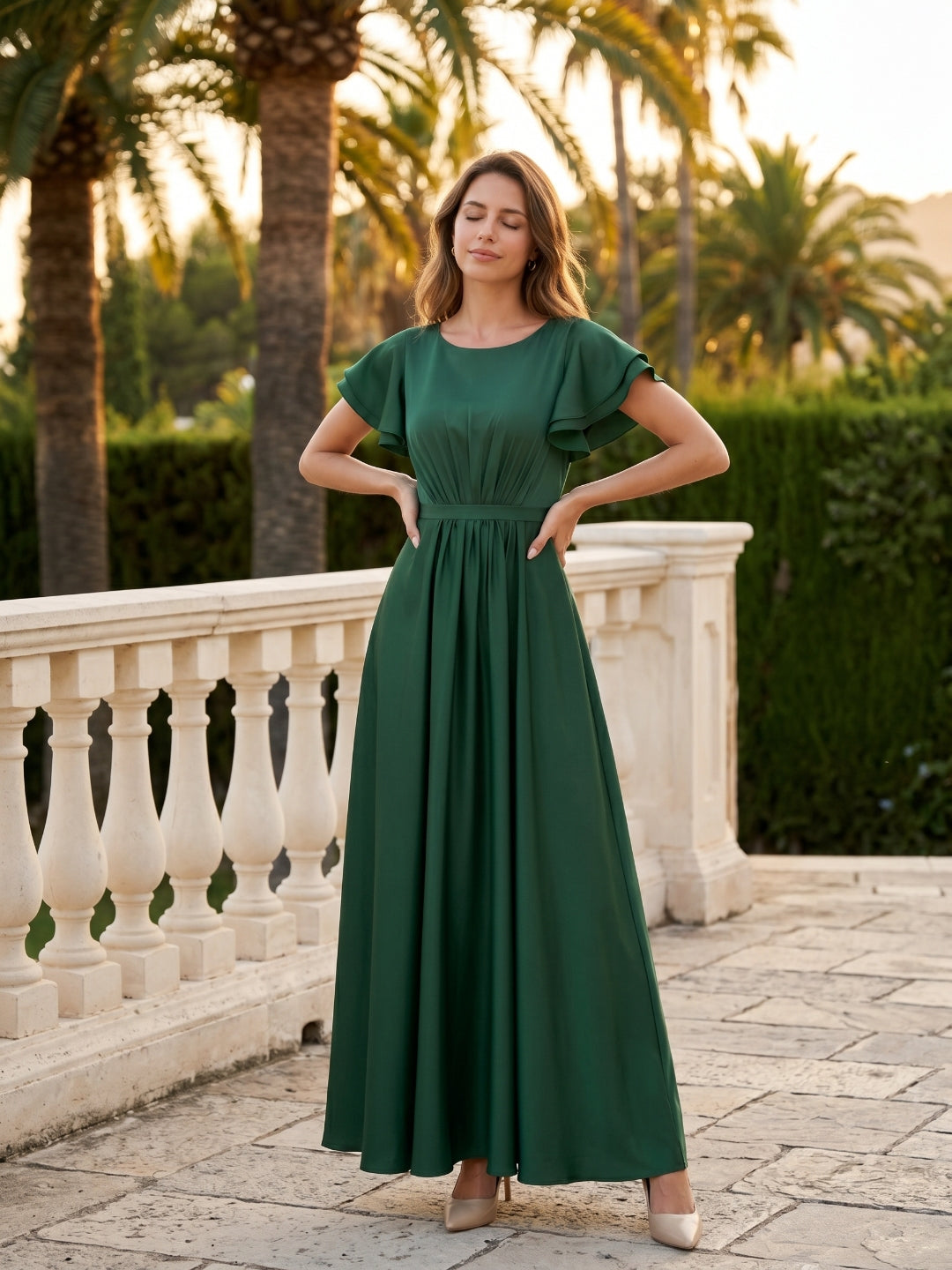 Forest Green Matte Satin A-Line Scoop Neck Back Zip Floor-Length Bridesmaid Dress with Ruffles