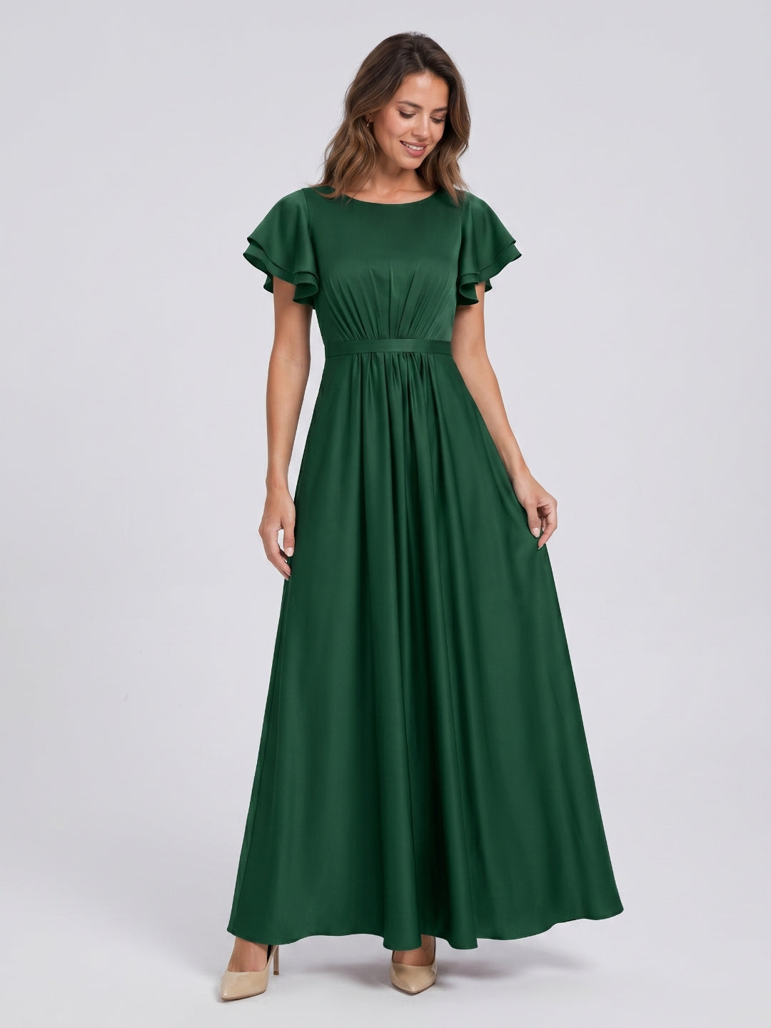Forest Green Matte Satin A-Line Scoop Neck Back Zip Floor-Length Bridesmaid Dress with Ruffles