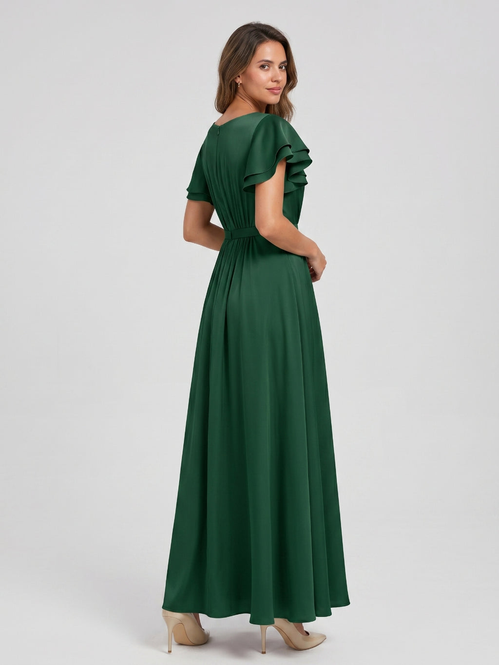 Forest Green Matte Satin A-Line Scoop Neck Back Zip Floor-Length Bridesmaid Dress with Ruffles