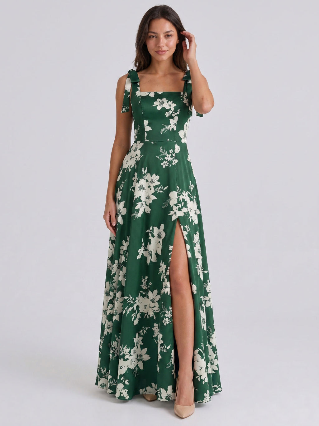 Forest Green Matte Satin A-Line Square Neck Back Zip Floor-Length Bridesmaid Dress with Bow