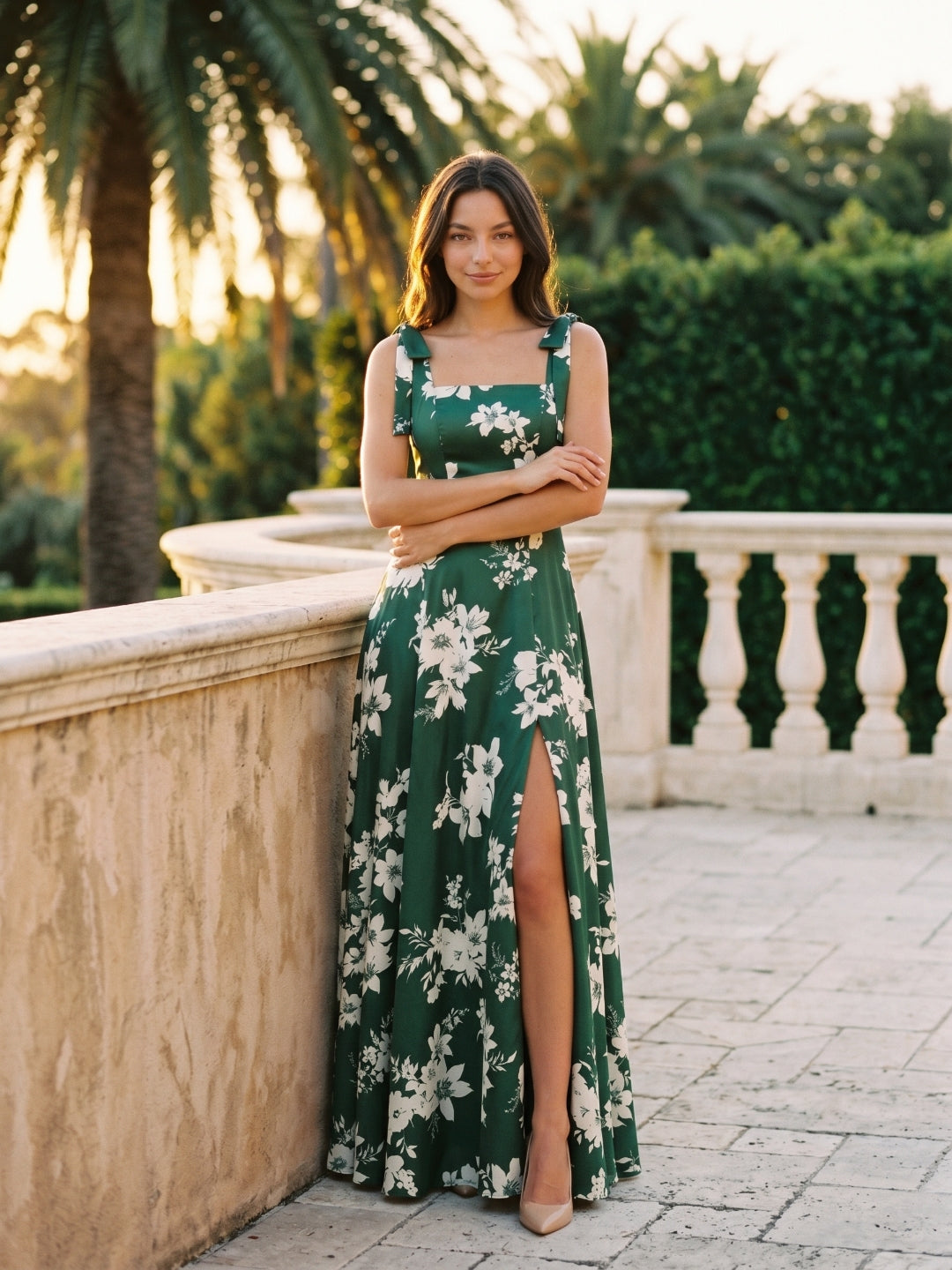 Forest Green Matte Satin A-Line Square Neck Back Zip Floor-Length Bridesmaid Dress with Bow