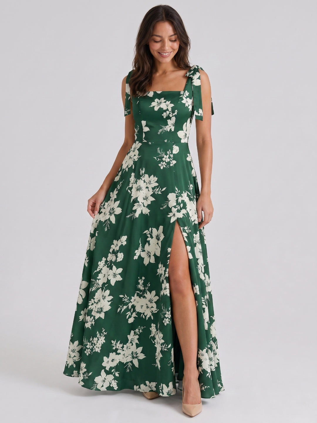 Forest Green Matte Satin A-Line Square Neck Back Zip Floor-Length Bridesmaid Dress with Bow