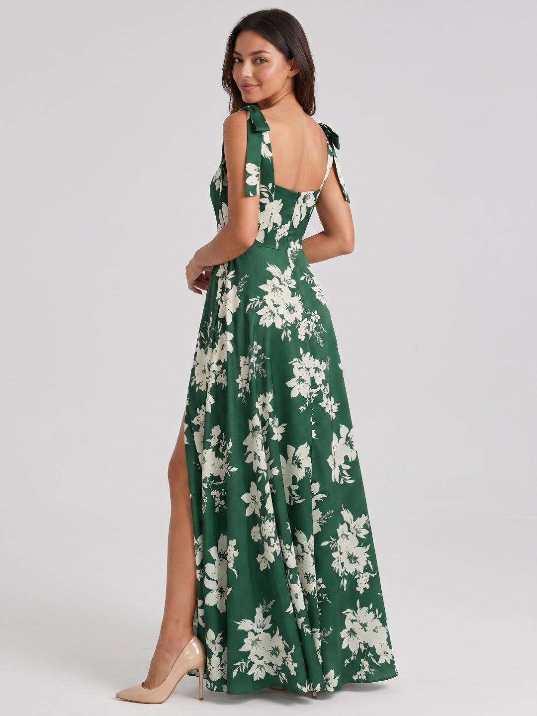 Forest Green Matte Satin A-Line Square Neck Back Zip Floor-Length Bridesmaid Dress with Bow