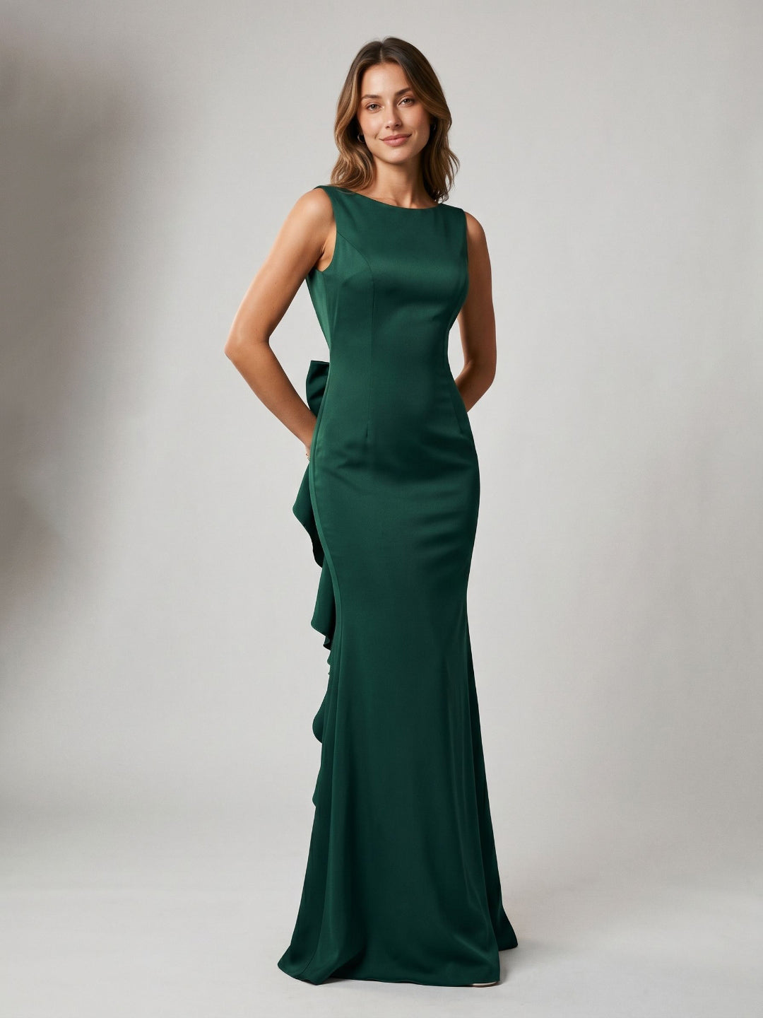 Forest Green Matte Satin Sheath Scoop Neck Side Zip Floor-Length Birthday Dress with Bow