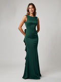 Forest Green Matte Satin Sheath Scoop Neck Side Zip Floor-Length Dress with Bow