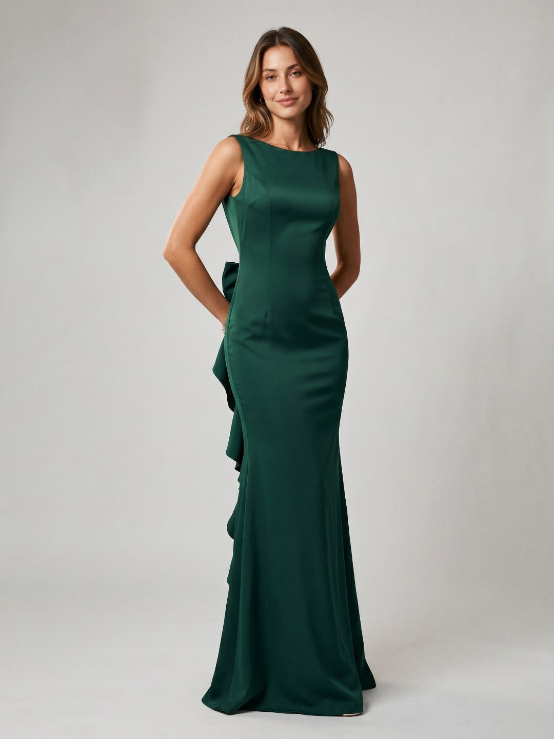 Forest Green Matte Satin Sheath Scoop Neck Side Zip Floor-Length Dress with Bow