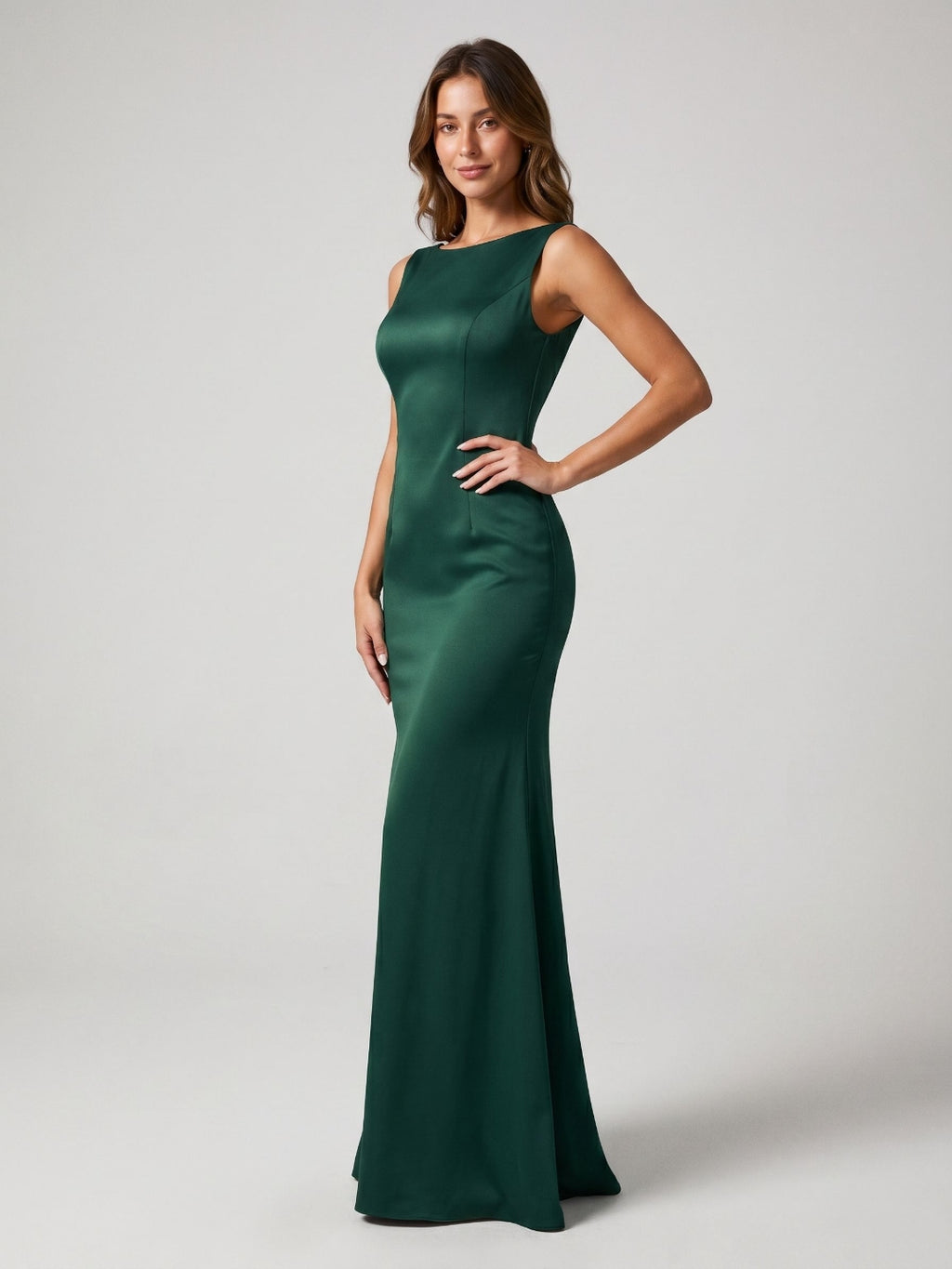 Forest Green Matte Satin Sheath Scoop Neck Side Zip Floor-Length Birthday Dress with Bow
