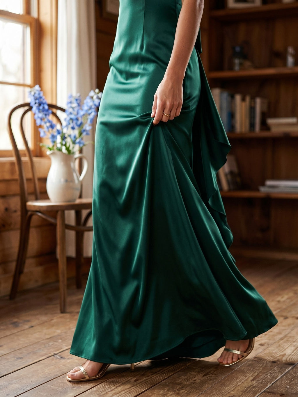 Forest Green Matte Satin Sheath Scoop Neck Side Zip Floor-Length Birthday Dress with Bow
