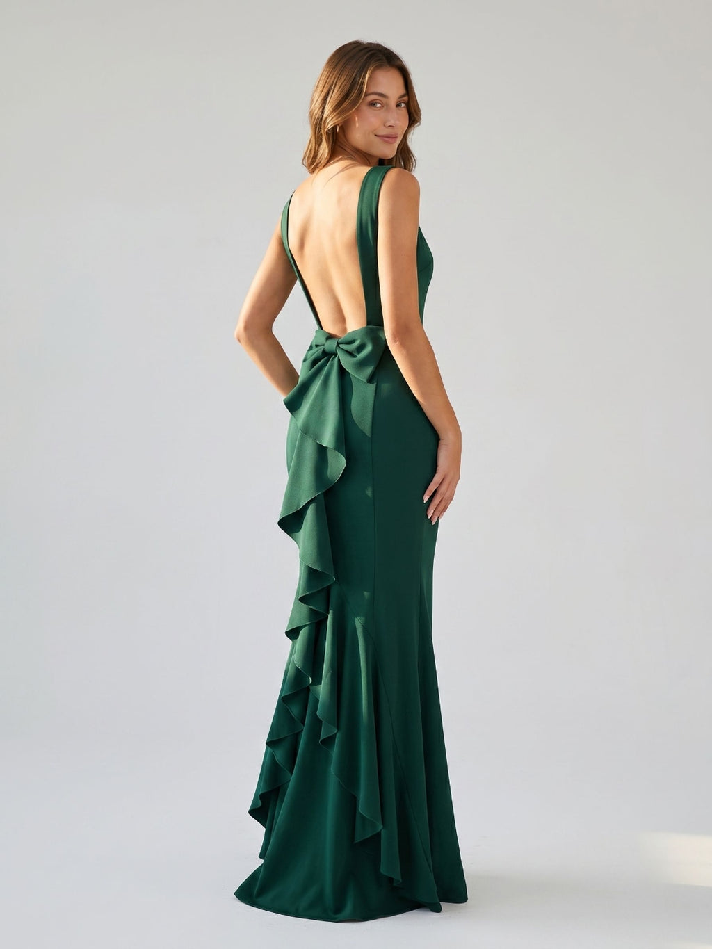 Forest Green Matte Satin Sheath Scoop Neck Side Zip Floor-Length Birthday Dress with Bow
