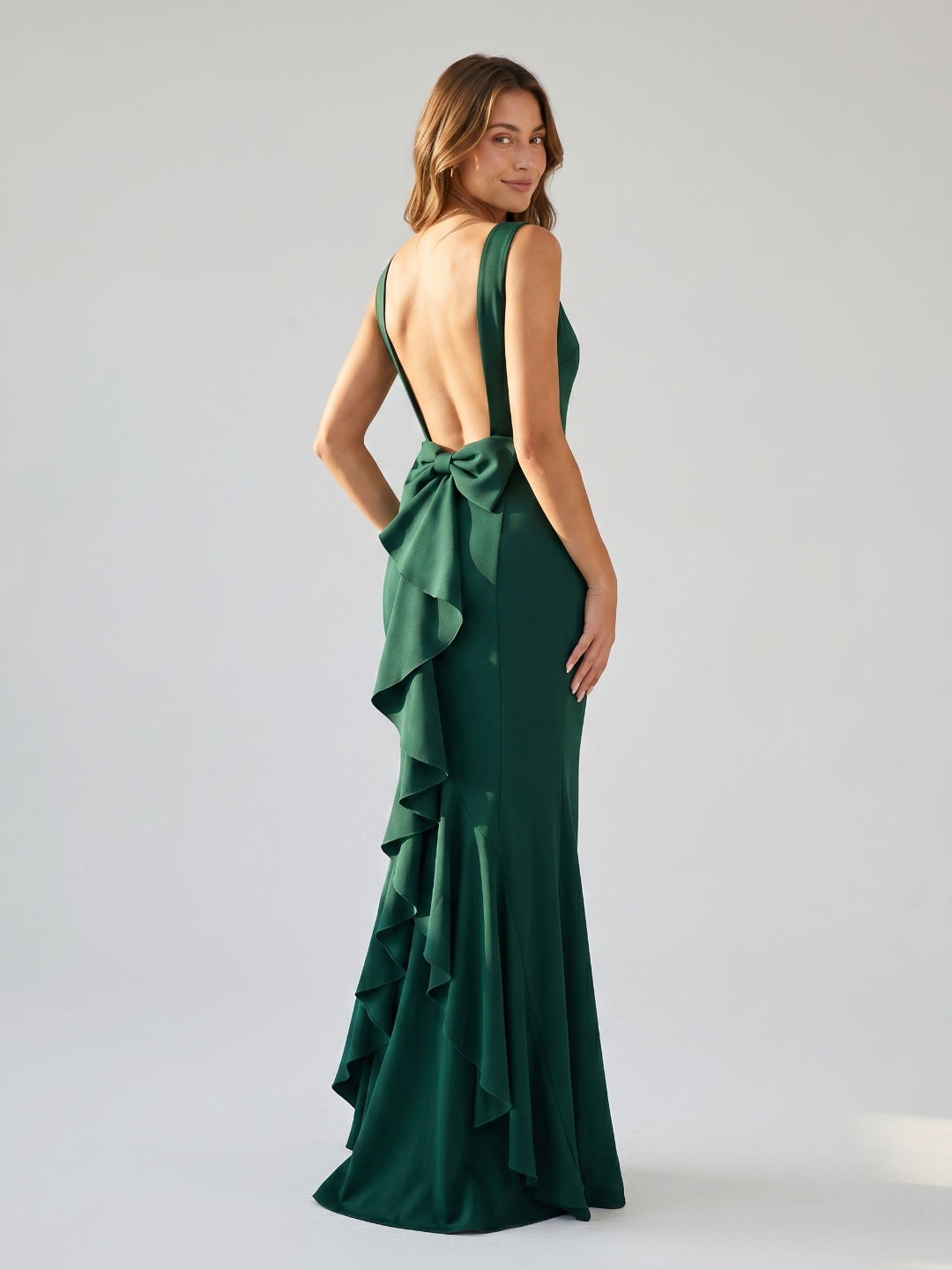 Forest Green Matte Satin Sheath Scoop Neck Side Zip Floor-Length Birthday Dress with Bow