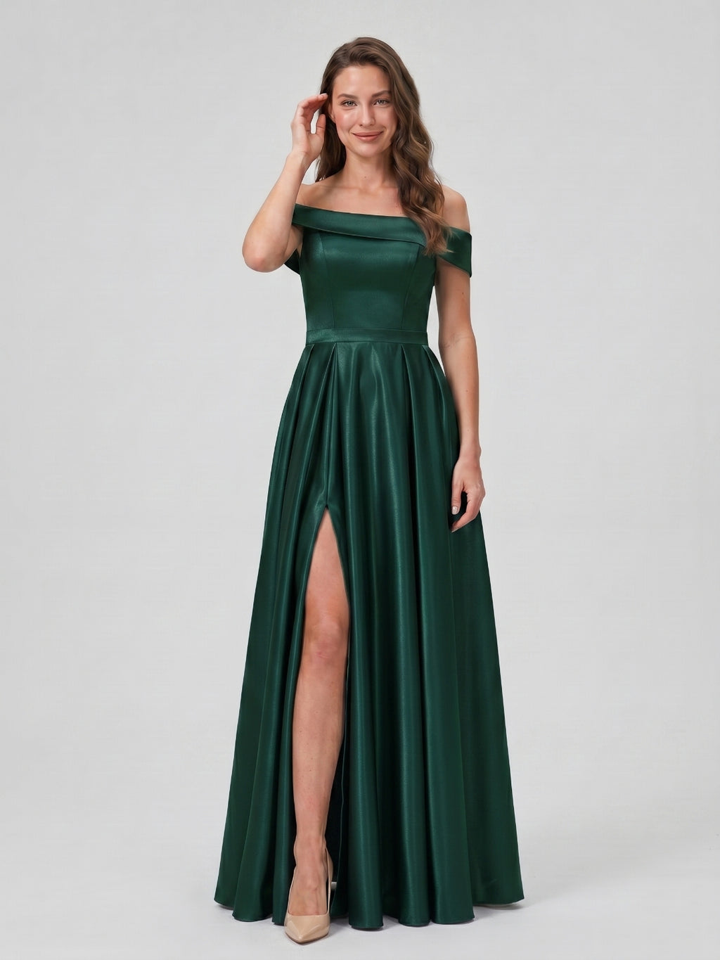 Forest Green Satin A-Line Off-the-Shoulder Back Zip Floor-Length Bridesmaid Dress with Pleating