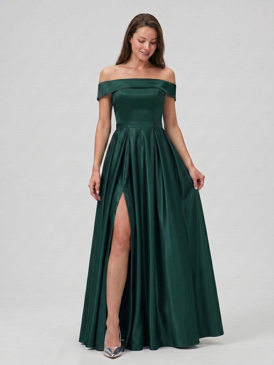 Forest Green Satin A-Line Off-the-Shoulder Back Zip Floor-Length Bridesmaid Dress with Pleating