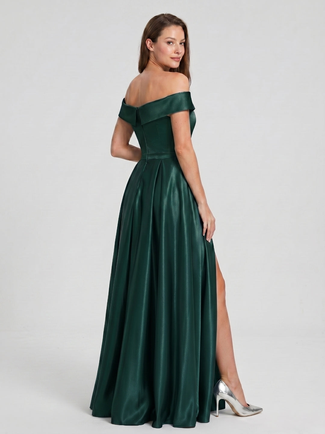 Forest Green Satin A-Line Off-the-Shoulder Back Zip Floor-Length Bridesmaid Dress with Pleating