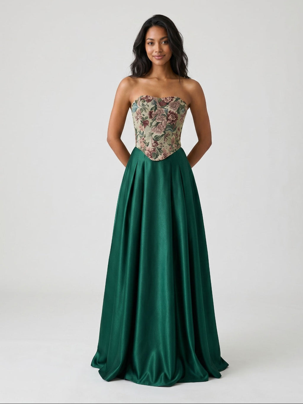 Forest Green Satin A-Line Straight Neck Lace-Up Back Floor-Length Birthday Dress with Pleating