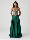 Forest Green Satin A-Line Straight Neck Lace-Up Back Floor-Length Birthday Dress with Pleating