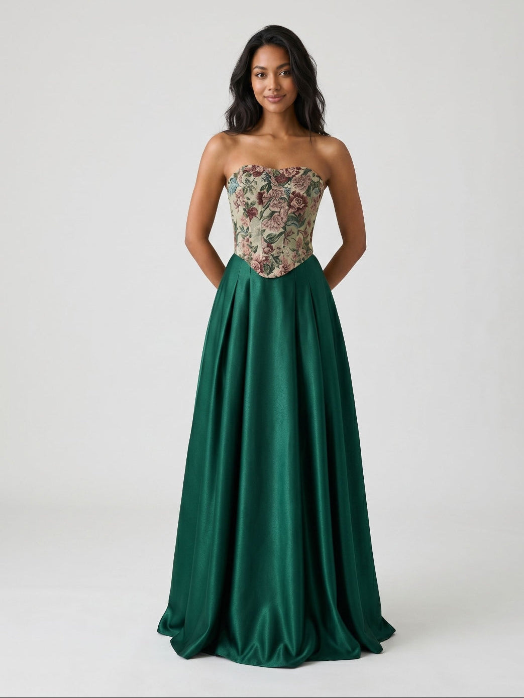 Forest Green Satin A-Line Straight Neck Lace-Up Back Floor-Length Birthday Dress with Pleating