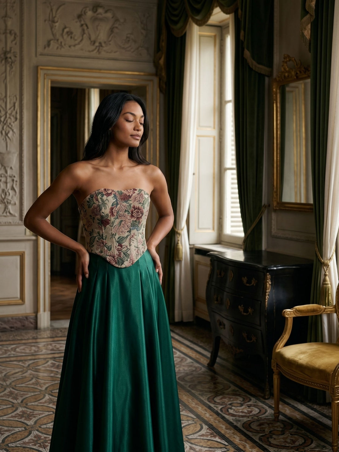 Forest Green Satin A-Line Straight Neck Lace-Up Back Floor-Length Birthday Dress with Pleating