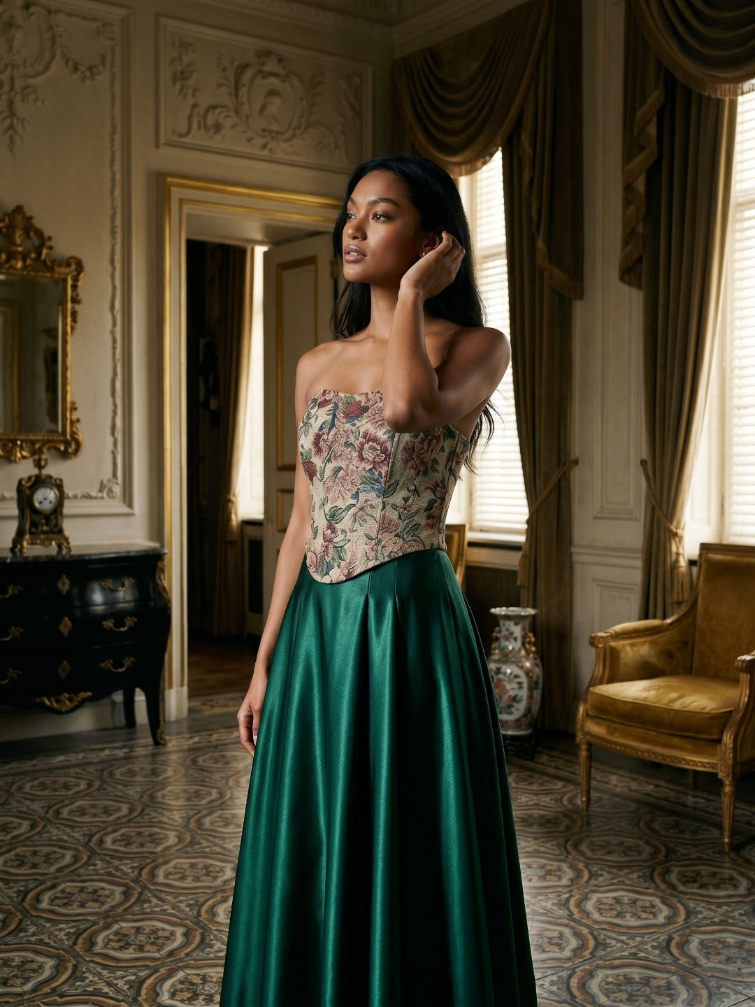 Forest Green Satin A-Line Straight Neck Lace-Up Back Floor-Length Birthday Dress with Pleating