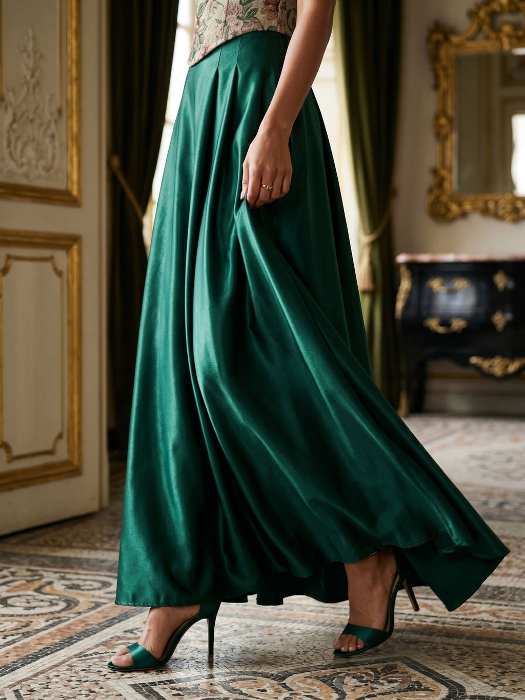 Forest Green Satin A-Line Straight Neck Lace-Up Back Floor-Length Birthday Dress with Pleating